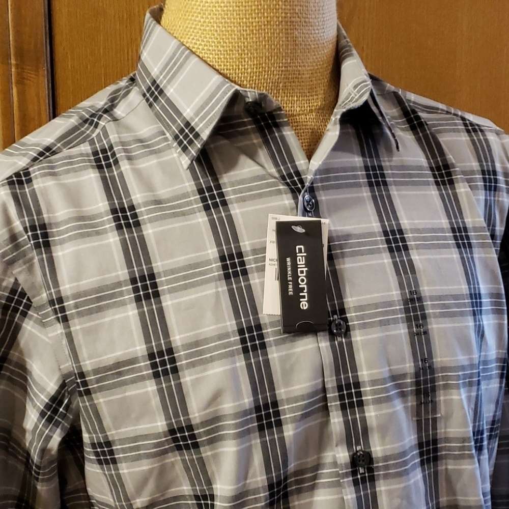 Claiborne NWT grey plaid long sleeve dress shirt